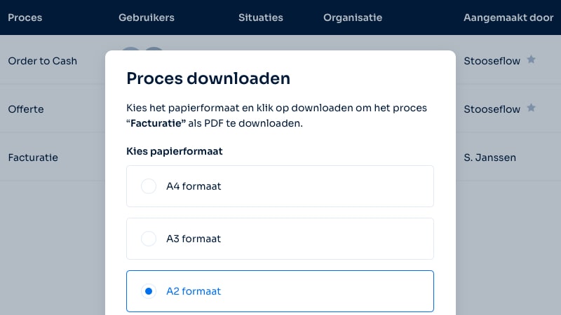 Screenshot van de functie 'Beheer bedrijfsprocessen en download ze als PDF' van Makisto