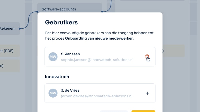 Screenshot van de functie 'Deel een bedrijfsproces met teamleden en softwareleveranciers' van Makisto